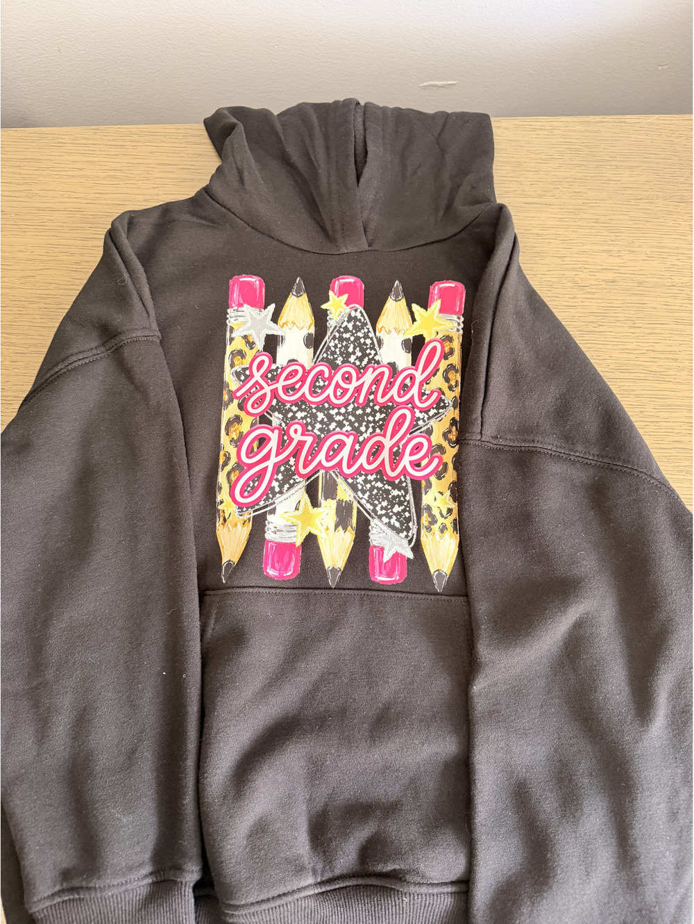 Gray Hoodie with Colorful 'Second Grade' Pencil Design